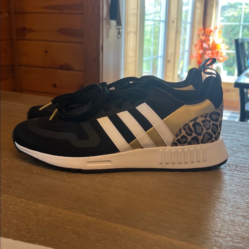 Adidas Black and Gold Sneakers with Animal Print